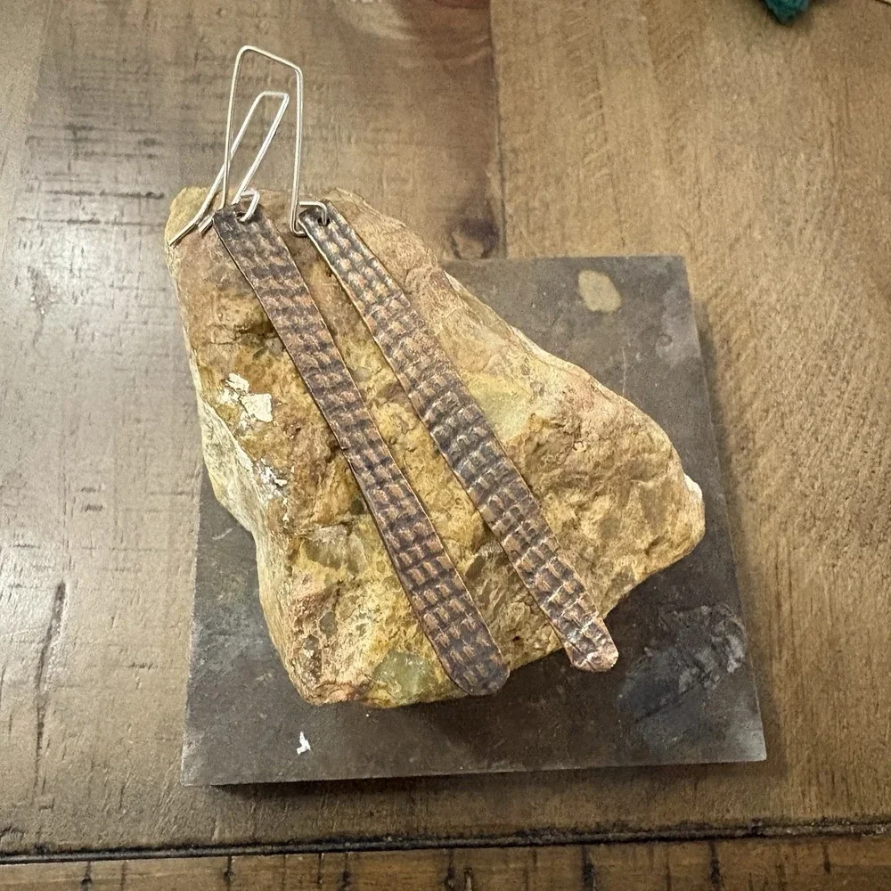 Pure Copper Solid Embossed Stick Rustic Earrings Drop Boho Handmade Hammered